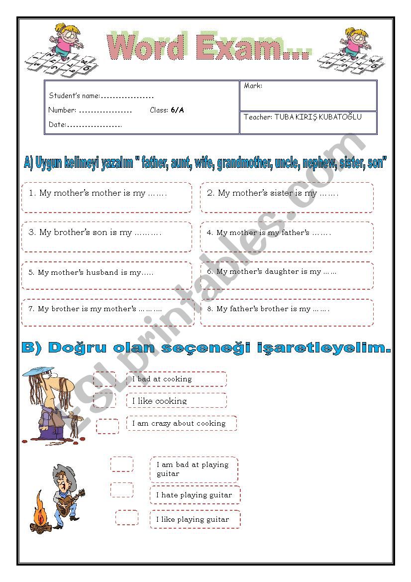 grade 6 word quiz worksheet