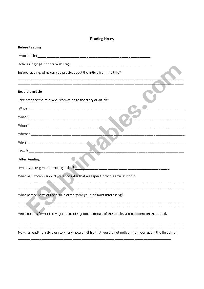 Reding Notes worksheet