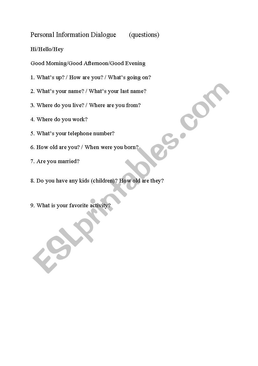 personal information dialogue worksheet