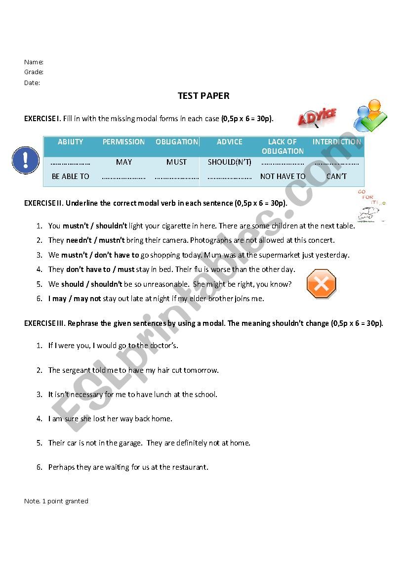 TEST PAPER MODALS II worksheet