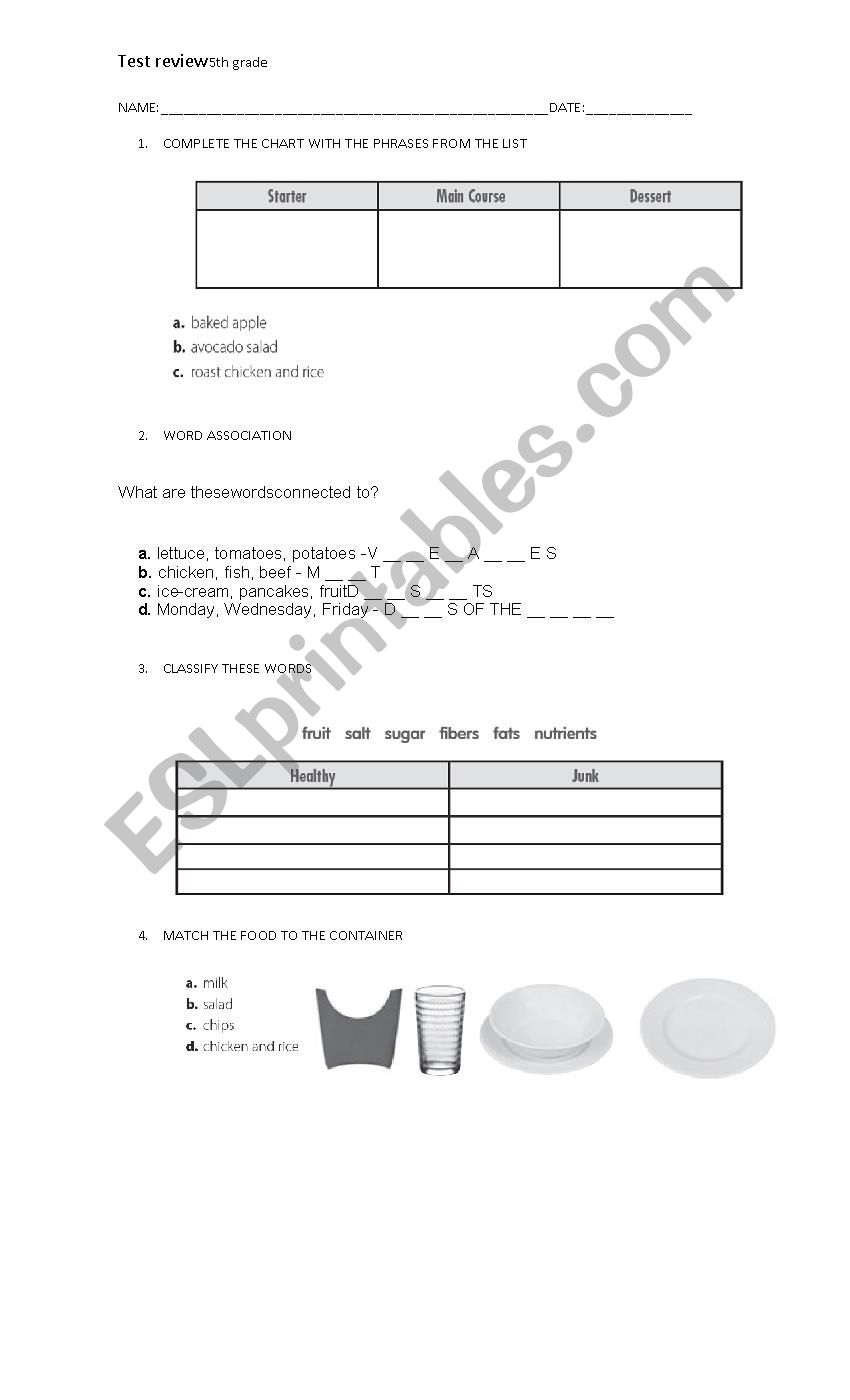 review worksheet about food 5th grade