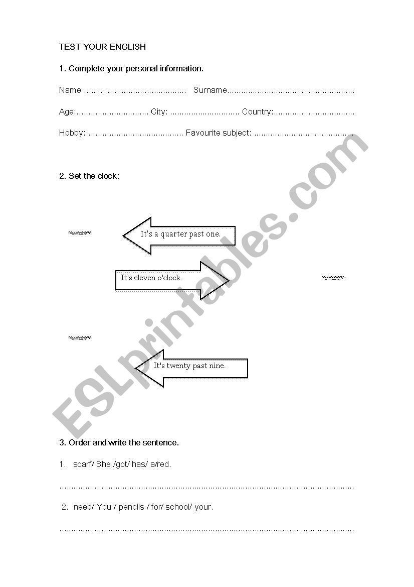 Test your English worksheet