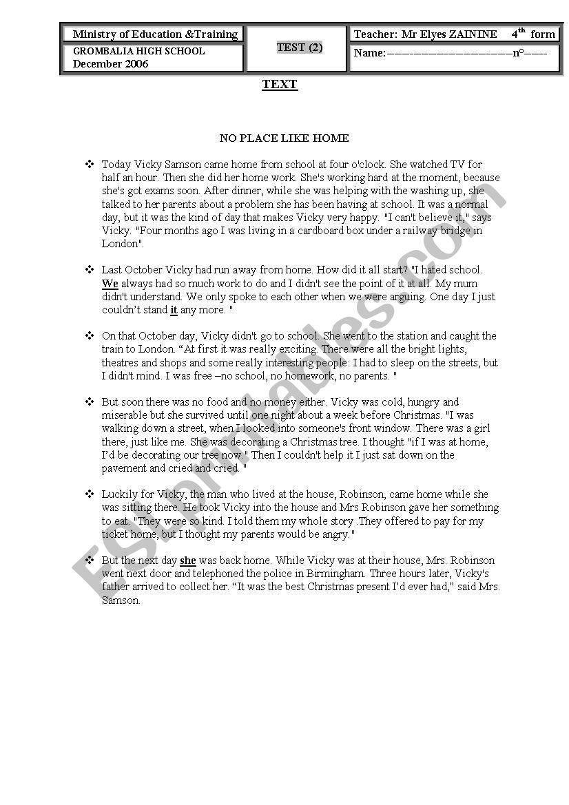 NO PLACE LIKE HOME reading worksheet