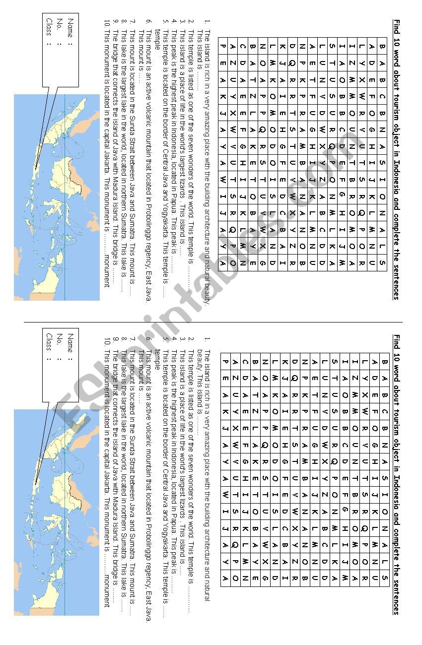 Tourism Object in Indonesia worksheet