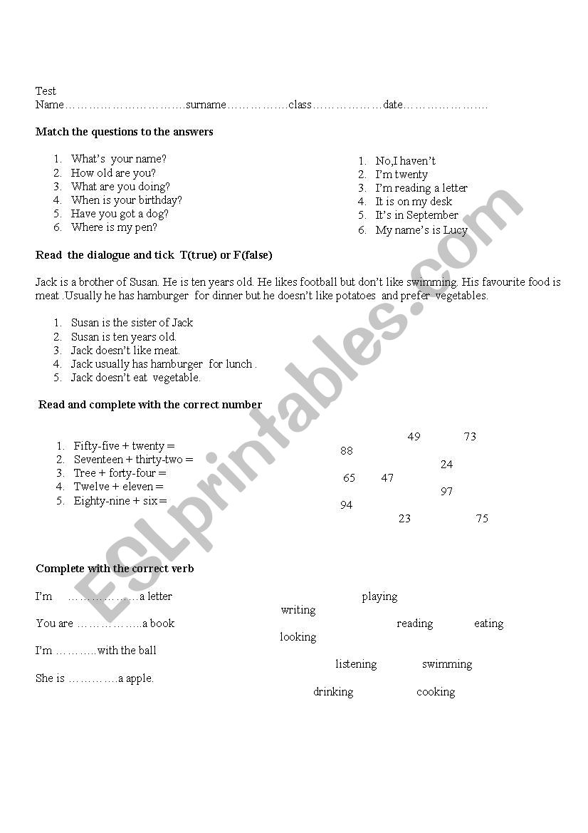 test worksheet