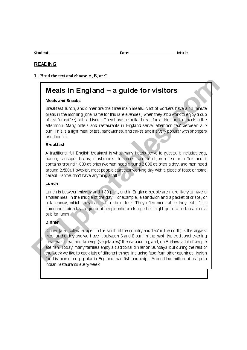 Reading activity  worksheet