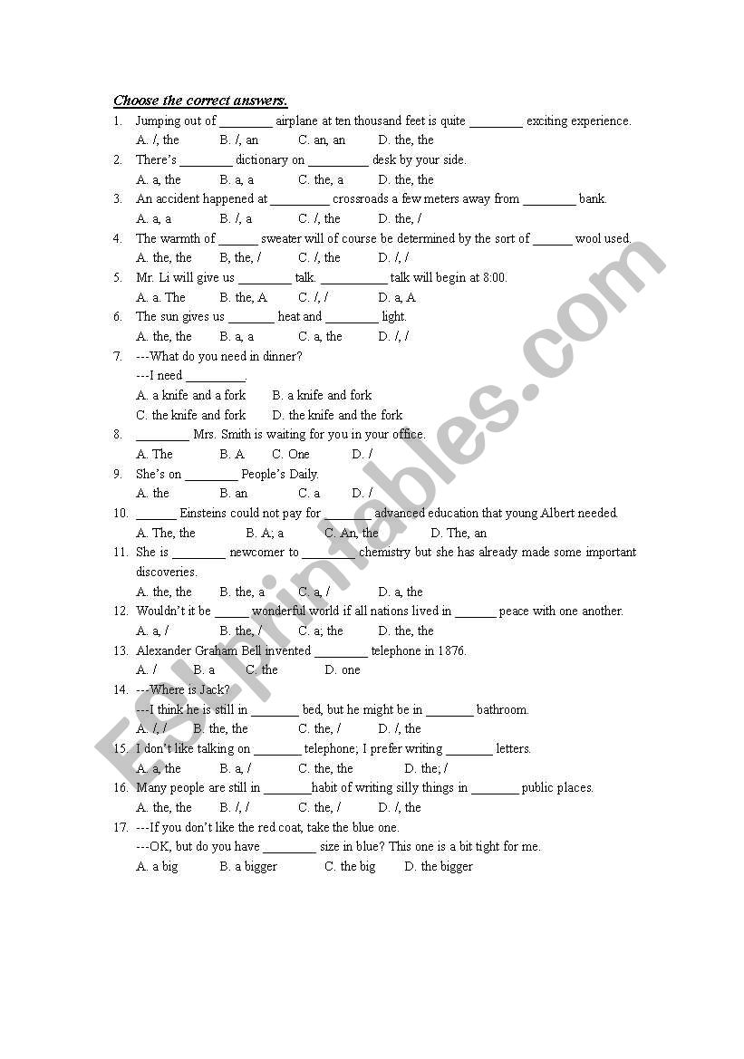 Choose the correct articles  worksheet