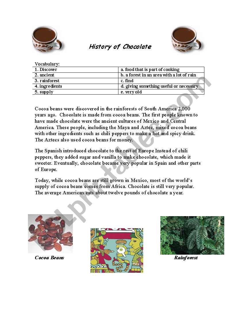 History of Chocolate worksheet