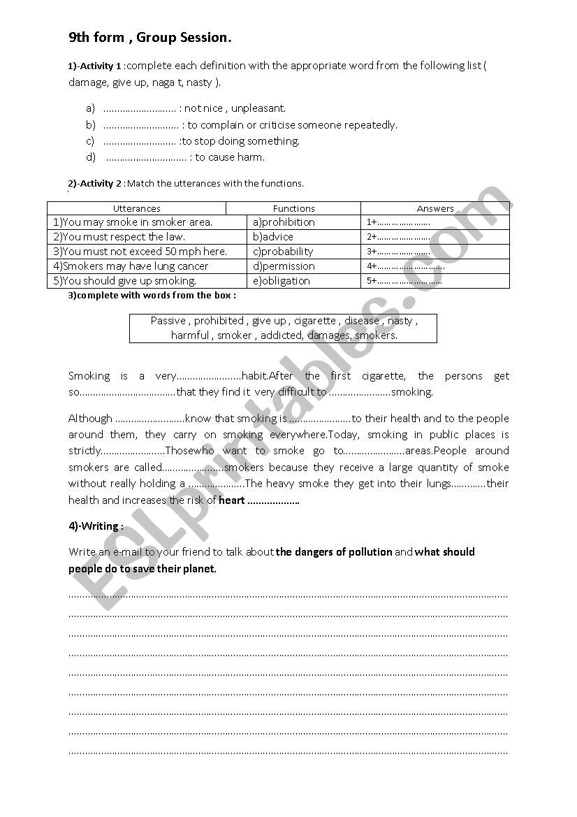 mid term test n° 1 9th form - ESL worksheet by Miss. Moufida