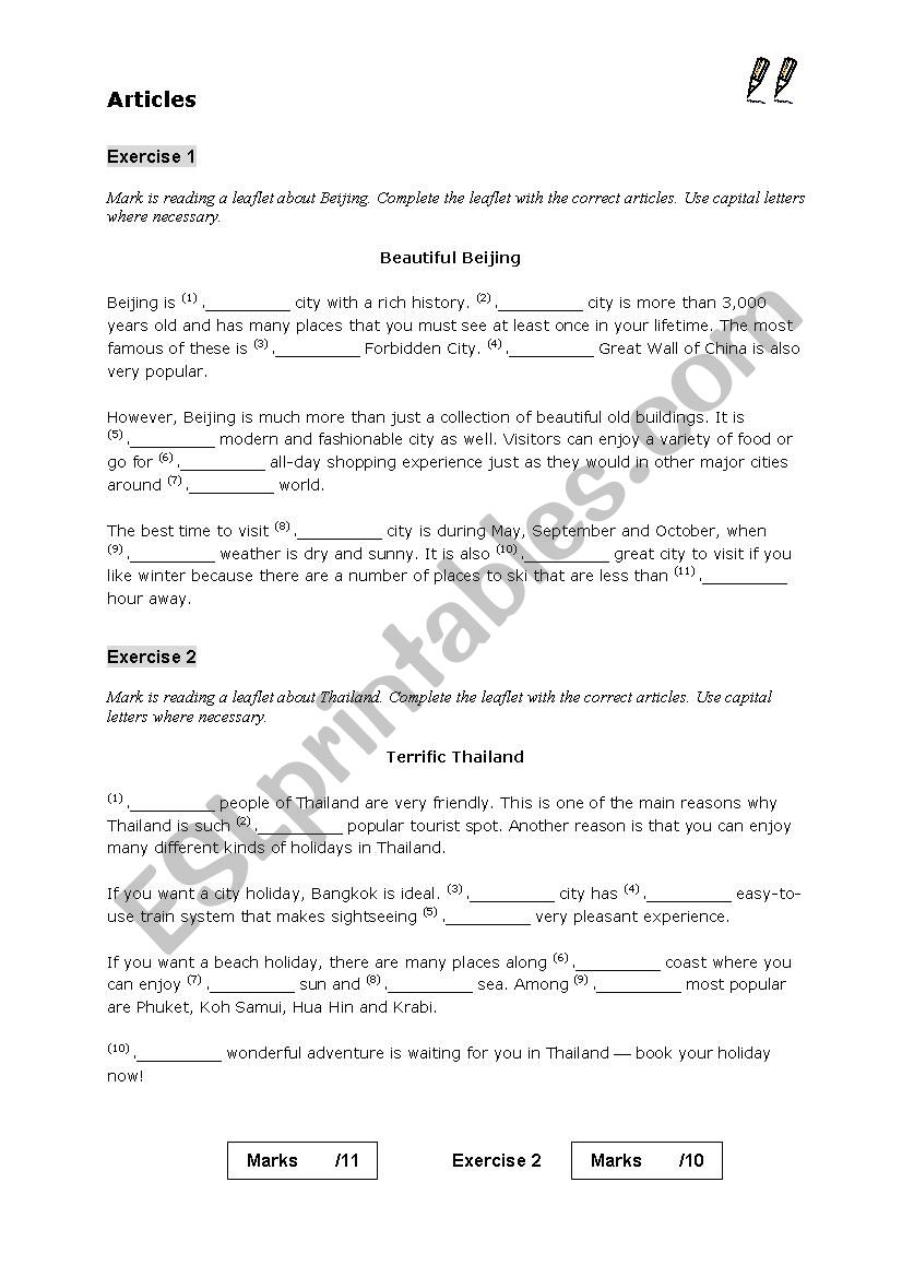 Articles worksheet