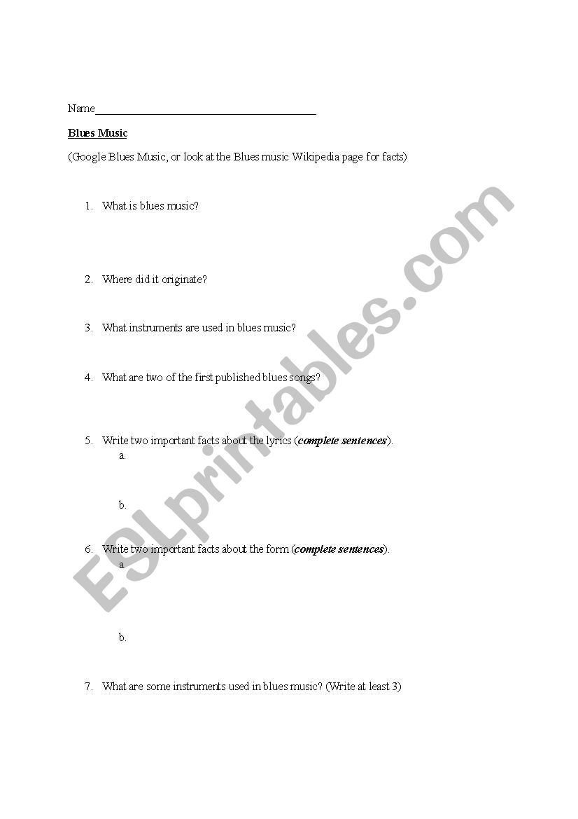 Blues Music Webquest worksheet