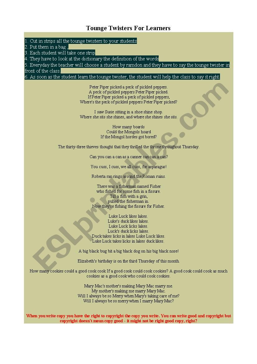 tounge twister daily activity worksheet