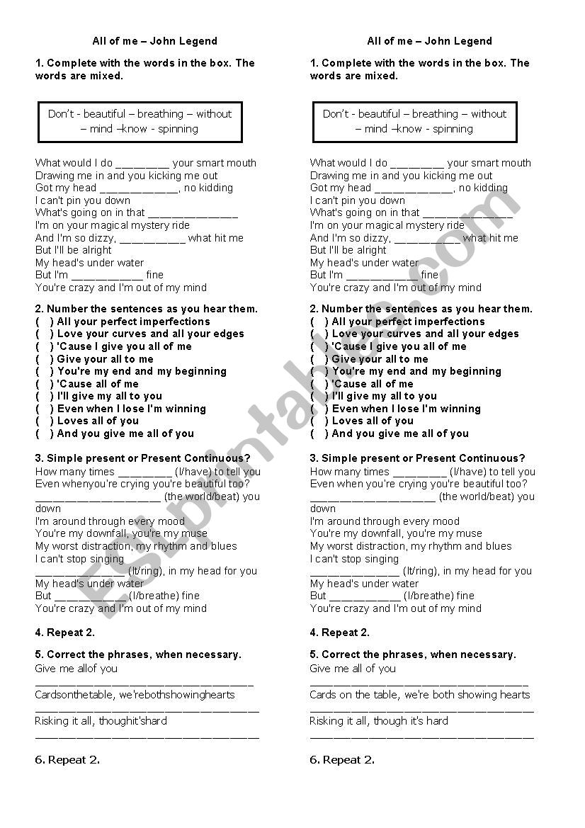 All of Me worksheet