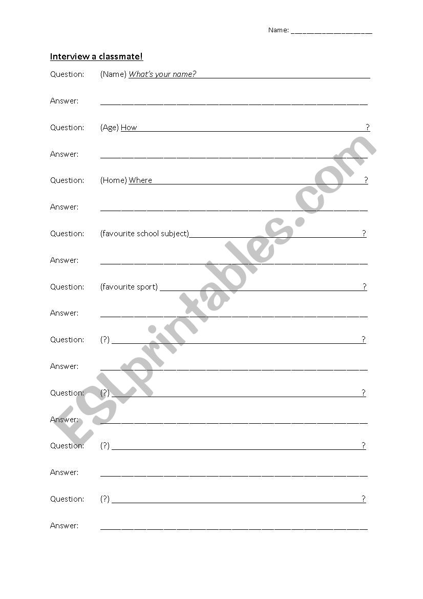 Interview a classmate worksheet