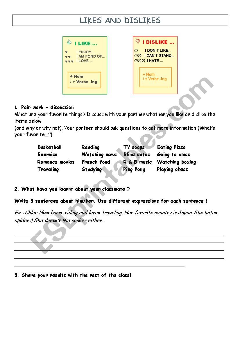 Likes and dislikes worksheet