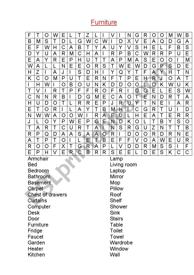 Furniture crossword ESL worksheet by Olga Zhivotova