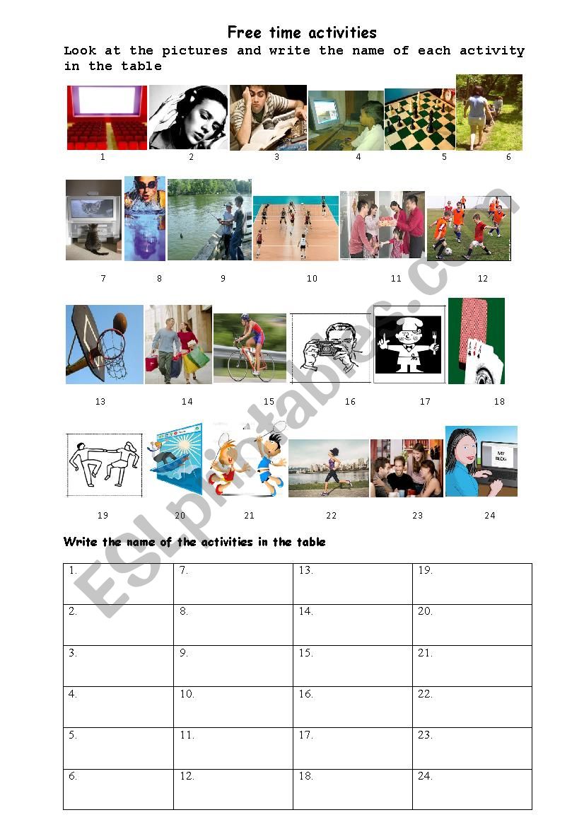 Free time activities worksheet