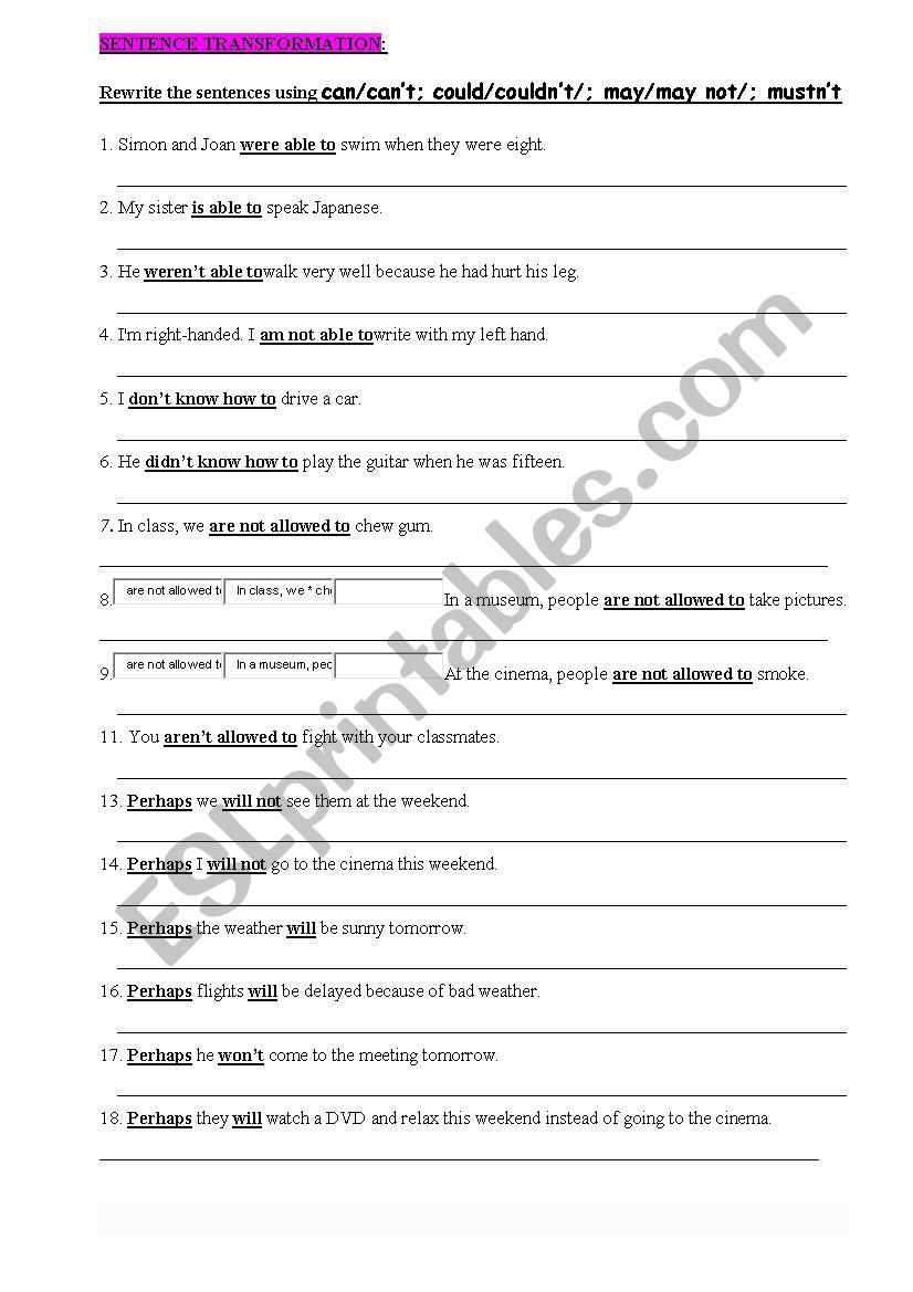 Sentence Transformation Esl Worksheet By Chitran