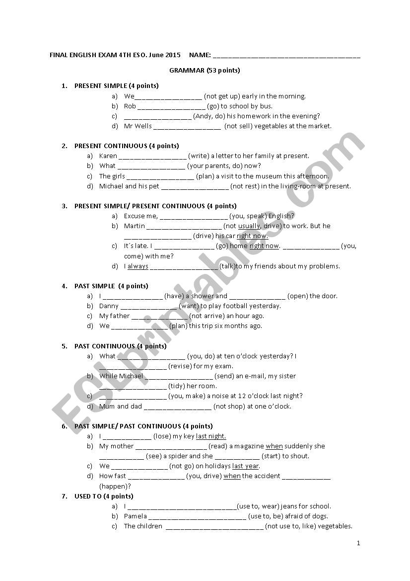 exam worksheet