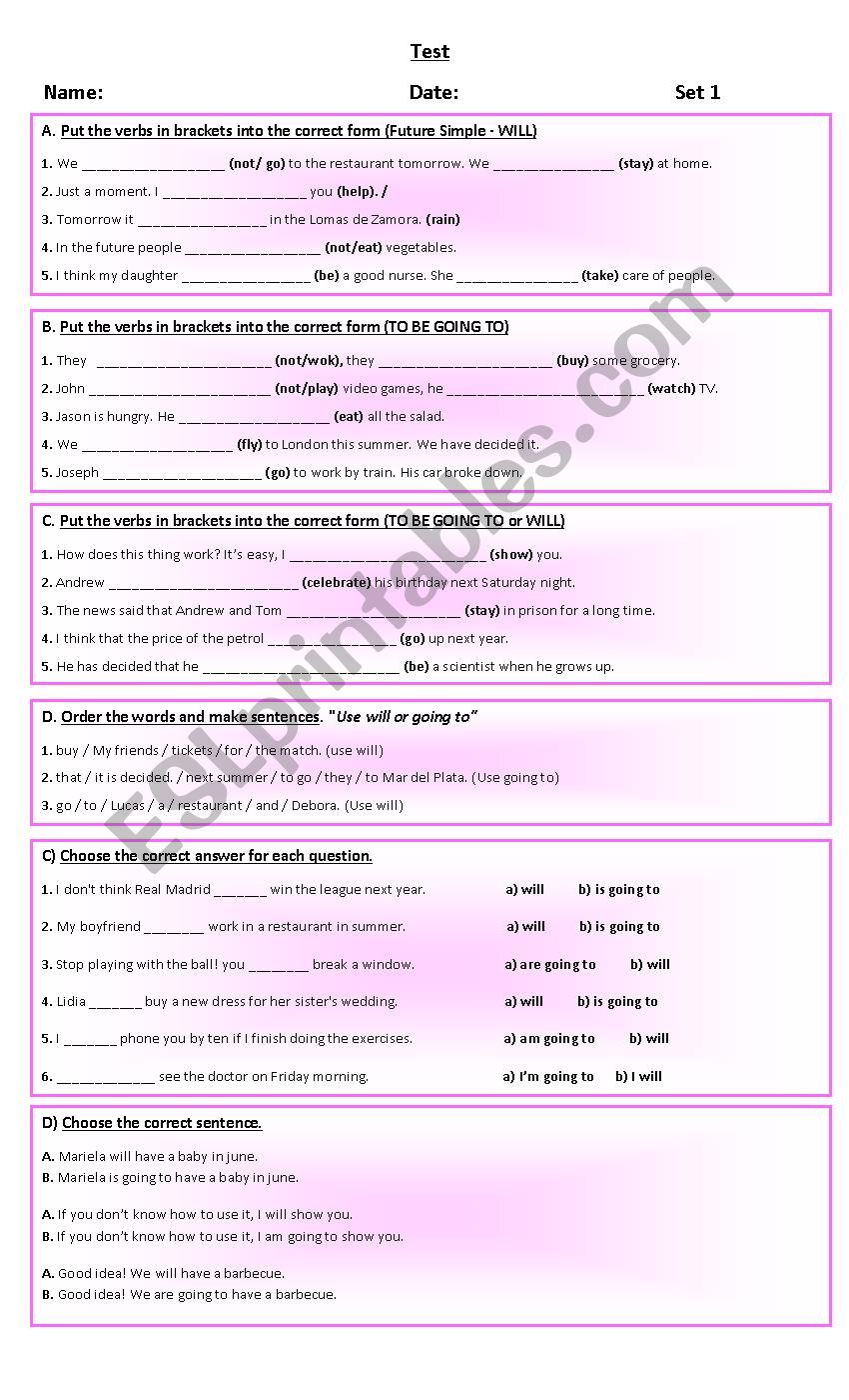 WILL vs GOING TO test worksheet