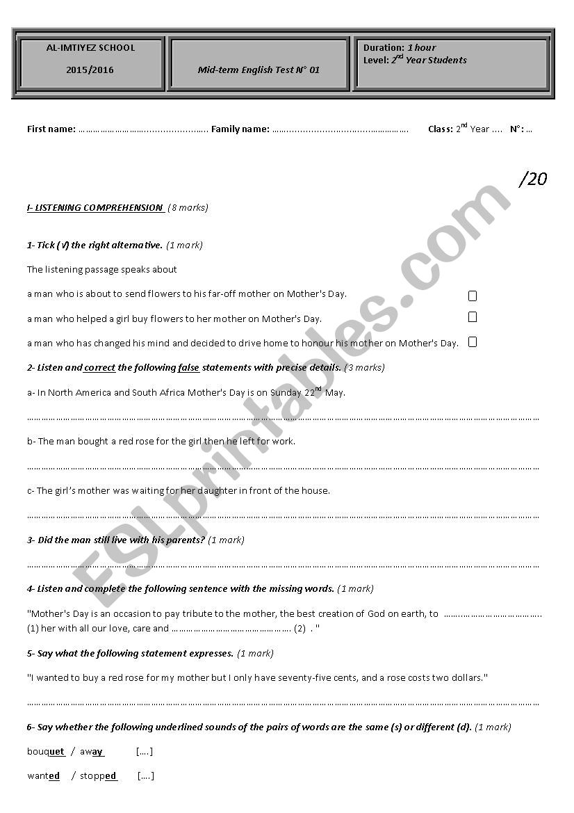 Mid-term English Test N° 01 2nd year Arts students - ESL worksheet by ...