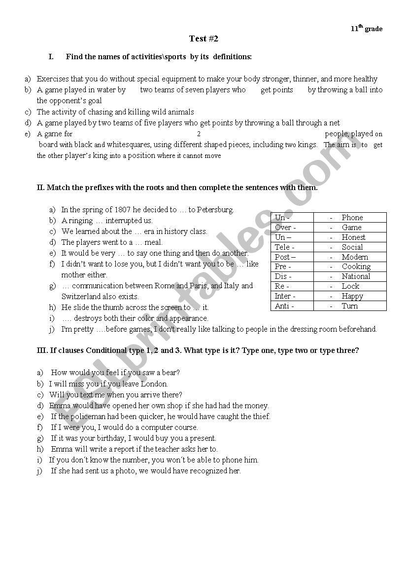 test for 11th grade worksheet