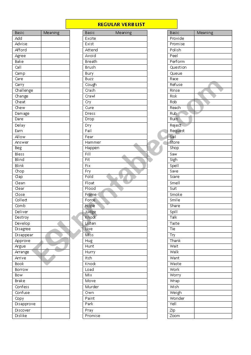 Regular verb list worksheet