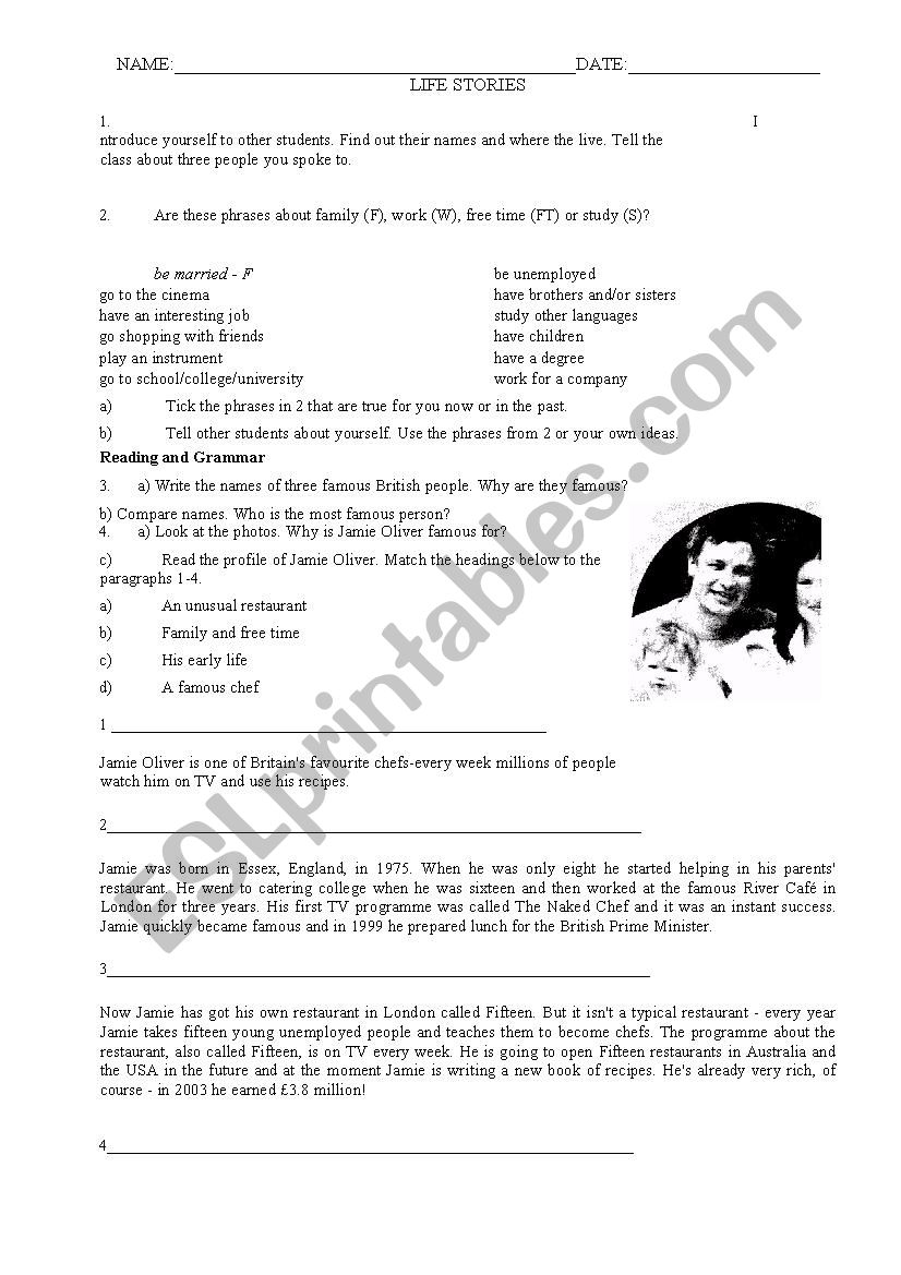 Life Stories worksheet