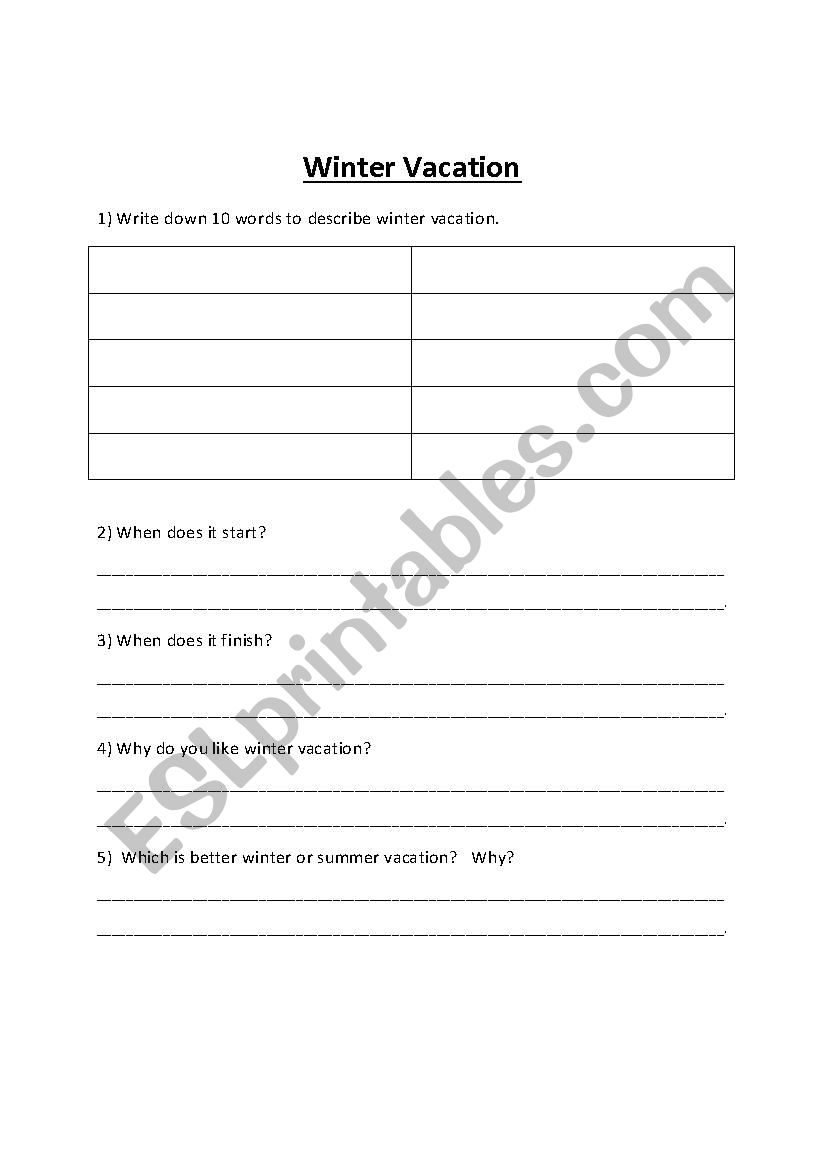 Winter Vacation Writing worksheet