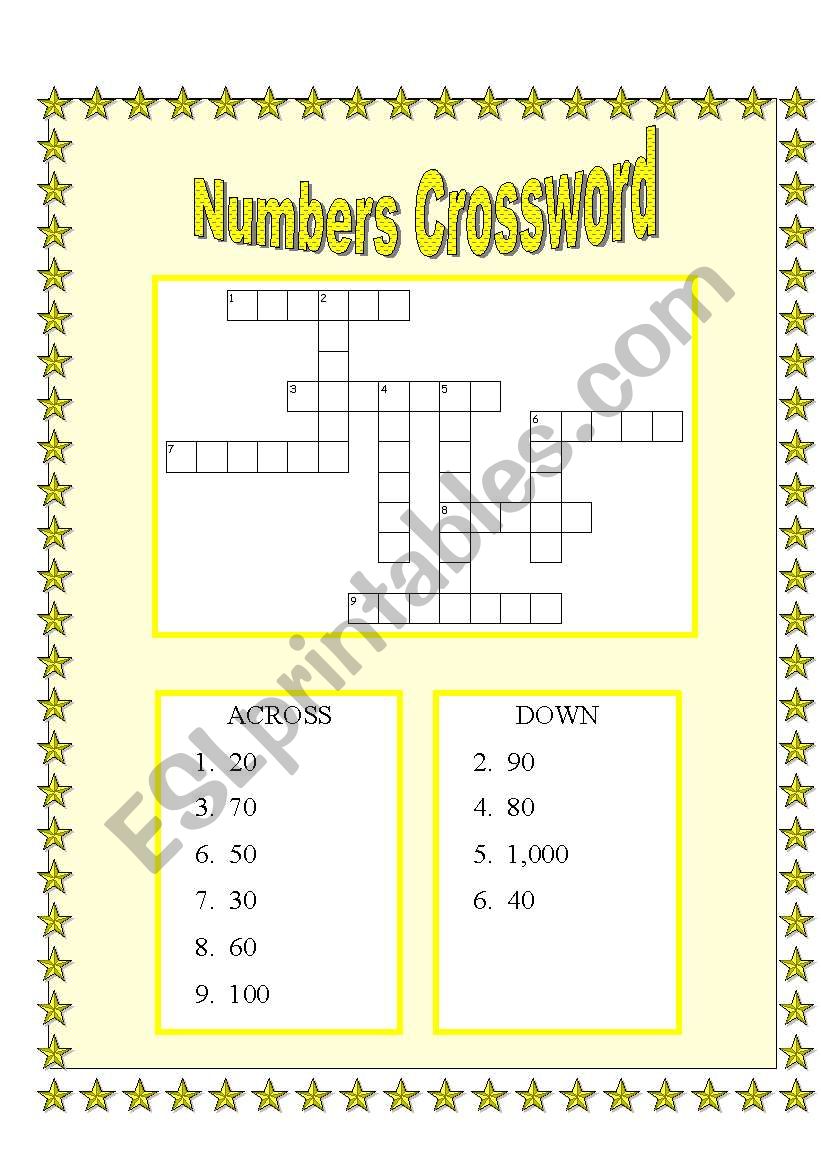 Numbers Crossword ESL Worksheet By SueThom