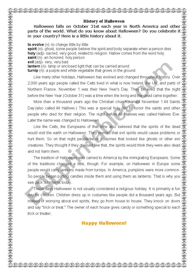 Halloween history and legends worksheet