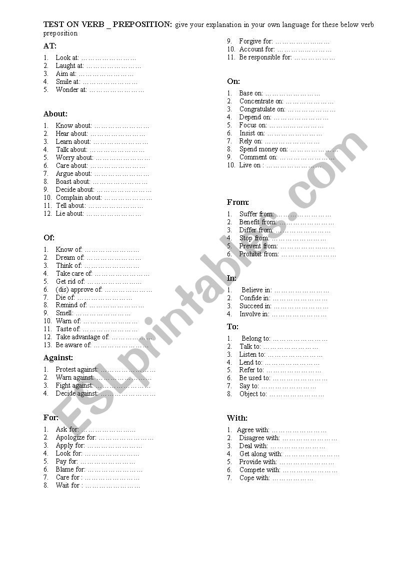 A test on verb preposition  worksheet