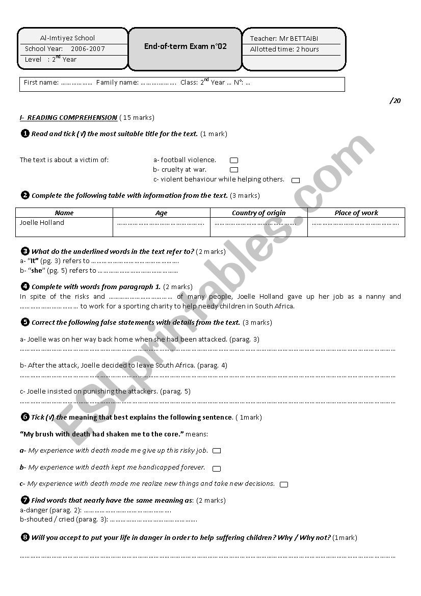 End-of-term Exam n°02 (2nd year) - ESL worksheet by ouni