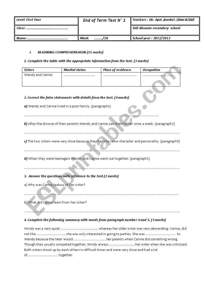 End-Term Test N°1 - ESL worksheet by medzb