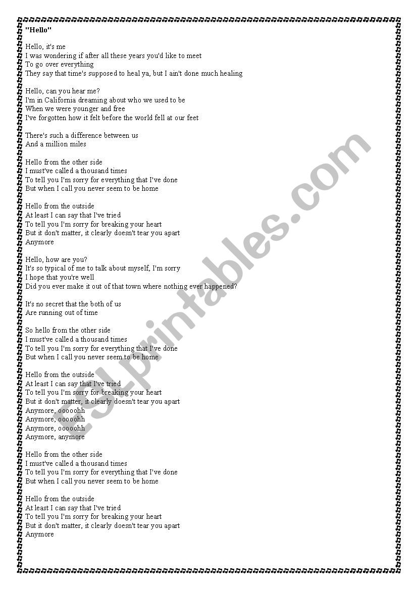 Adele Hello Lyrics Training Esl Worksheet By Cecile0a