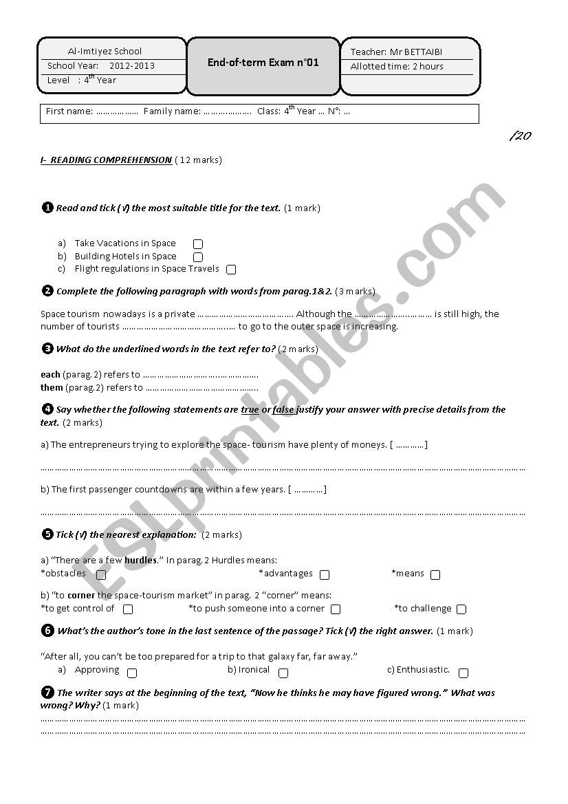 End-of-term Exam n°01 4th year tech (1) 2012 - ESL worksheet by Ben ...