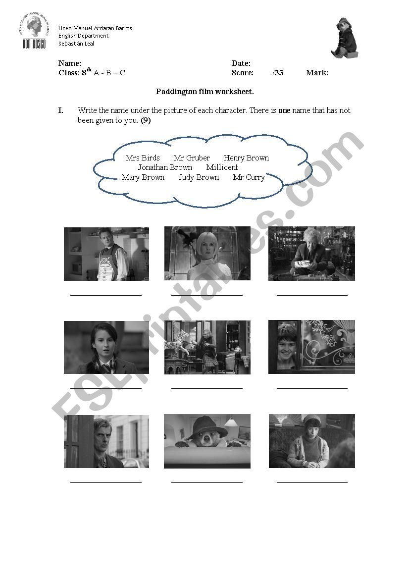Paddington Film Worksheet worksheet
