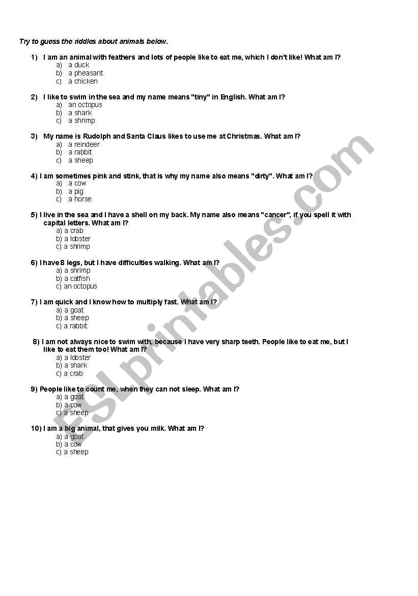 Riddles about animals worksheet