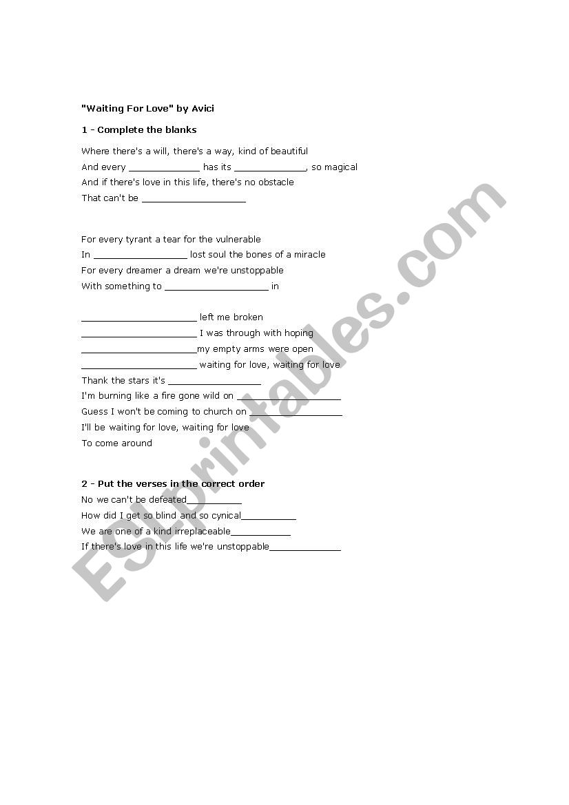 Avicii Waiting for love worksheet