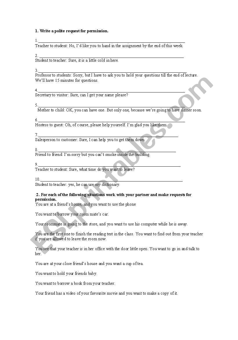  Requests  for permission worksheet