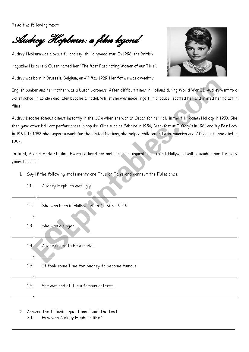 Audrey Hepburn worksheet