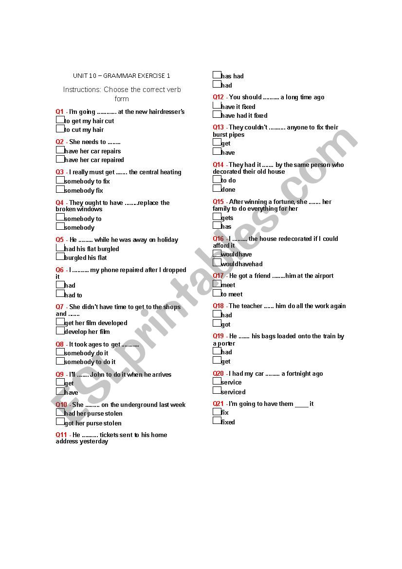 CAUSATIVES worksheet