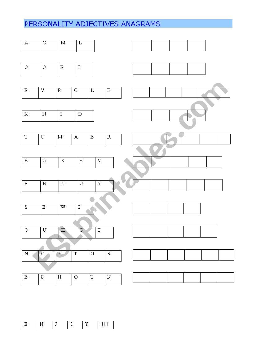 PERSONALITY ADJECTIVES ANAGRAMS