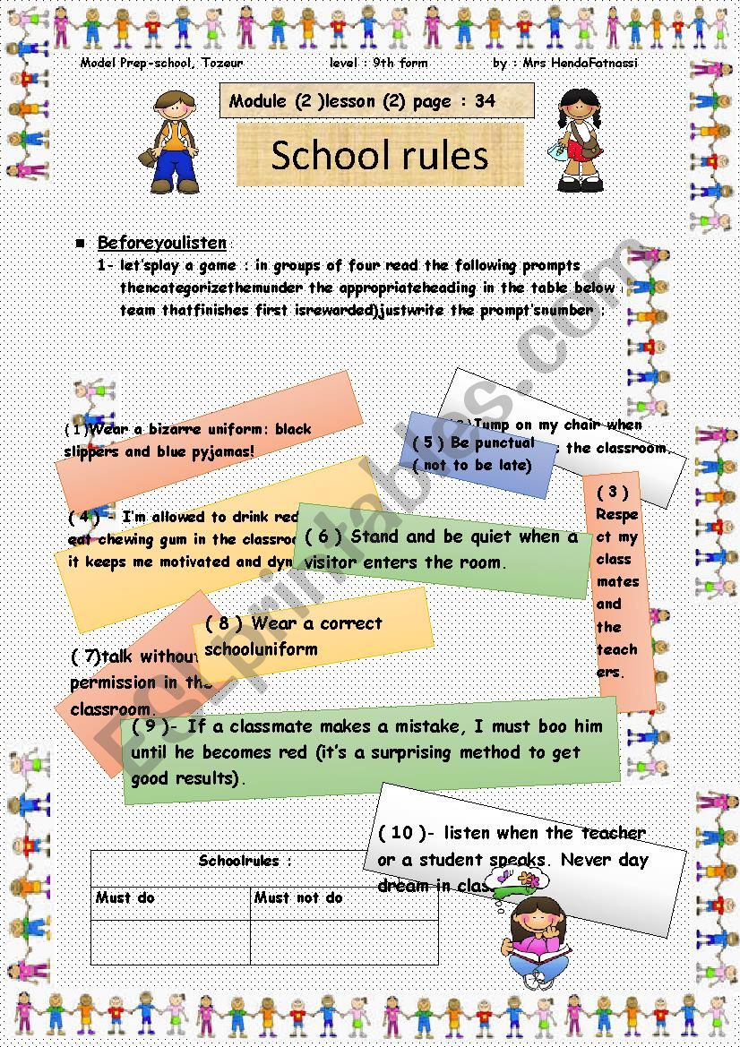 School Rules ESL Worksheet By Henda Fatnassi