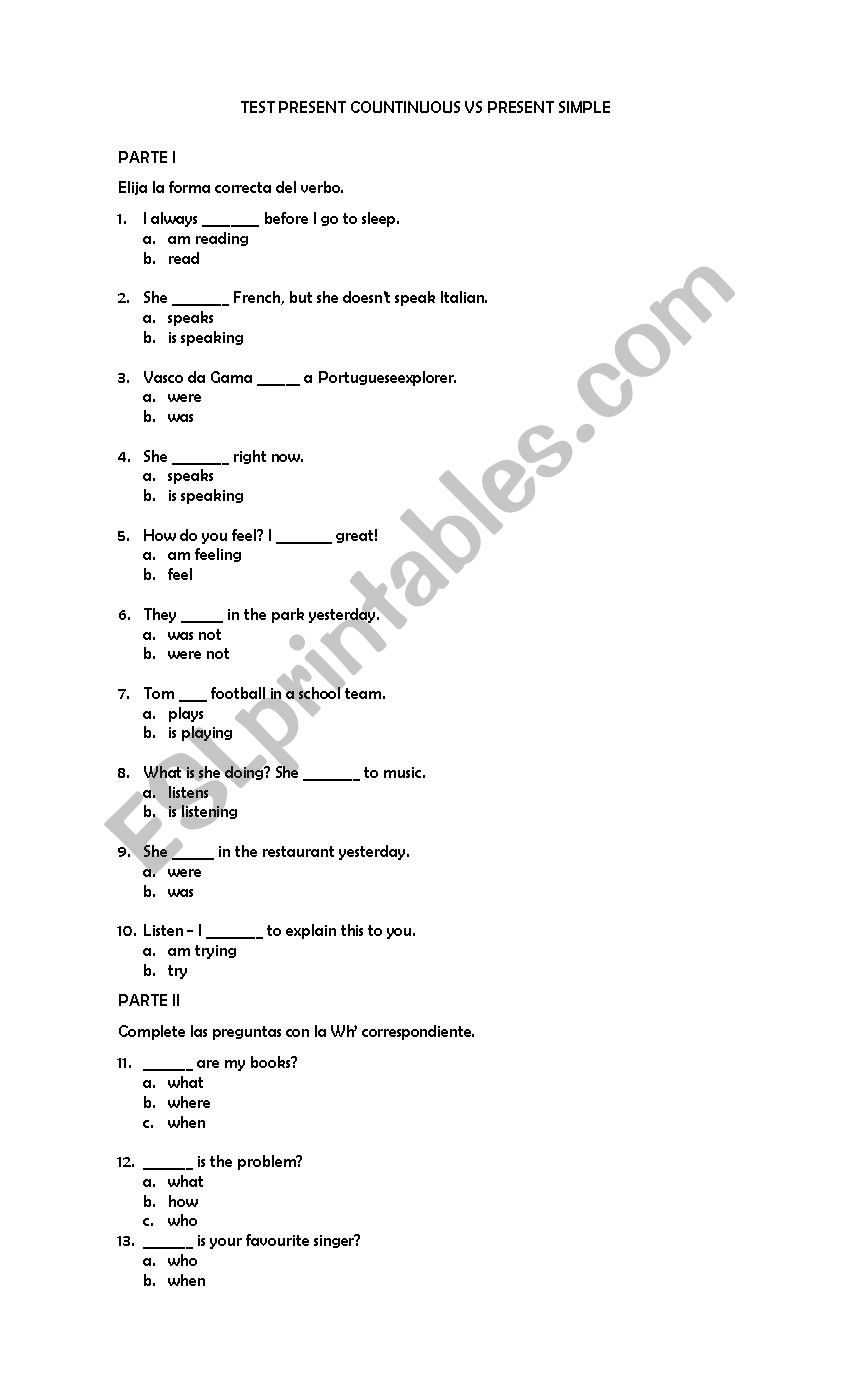 Test Present Continuous vs Present simple