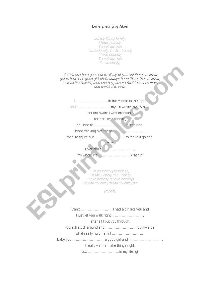 song LONELY, sung by AKON worksheet