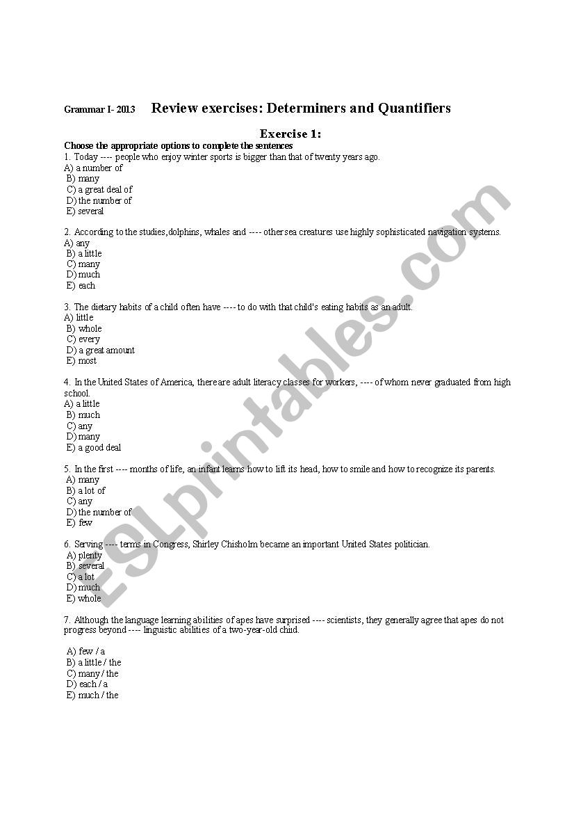 Determiners and quantifiers worksheet