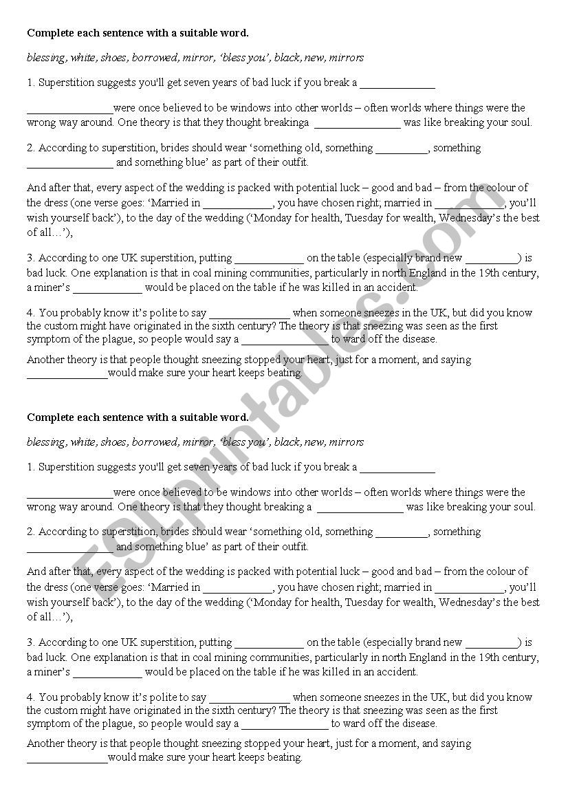 UK superstitions worksheet