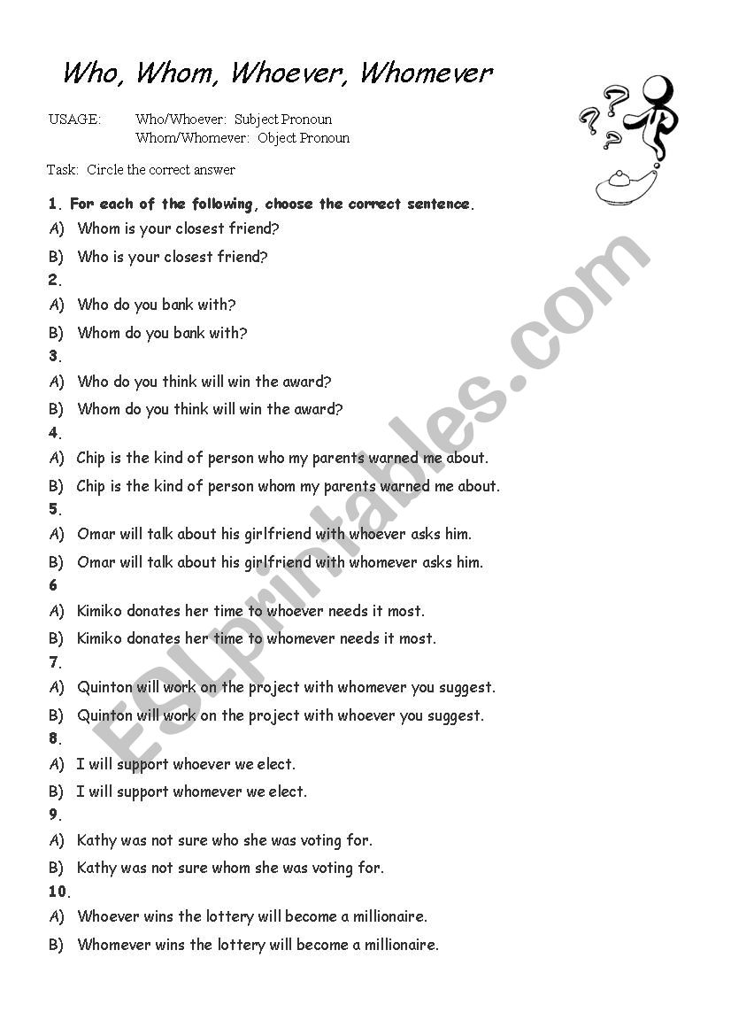 Who Whom Whoever Whomever ESL Worksheet By Cuderdavis