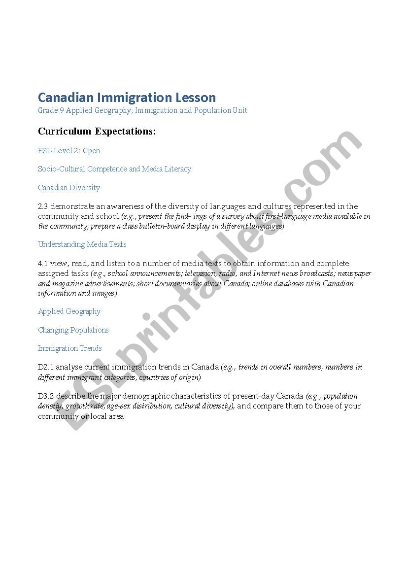 Canadian Immigration Lesson Plan and Performance Task